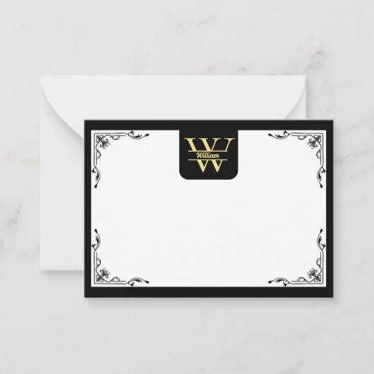 Zwart en Goud Monogram | Elegante Initiaal Script Notitiekaartje (Voorkant)