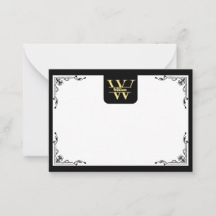 Zwart en Goud Monogram Elegante Initiaal Script Notitiekaartje