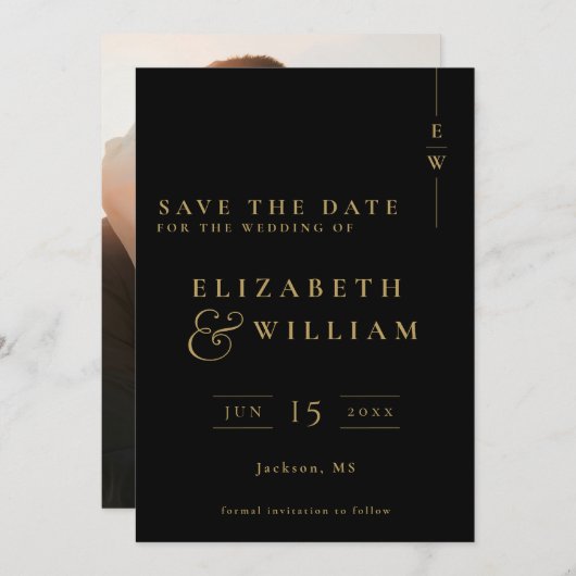 Zwart en Goud Monogram Foto Bruiloft Save The Date (Voorkant / Achterkant)