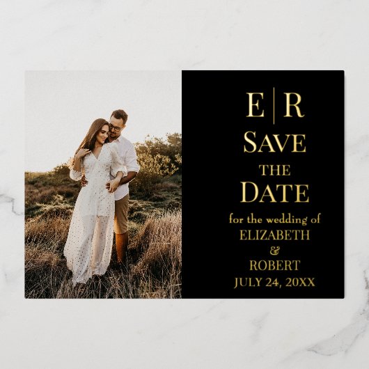Zwart en Goud Monogram Foto Save the Date Kaart (Voorkant)