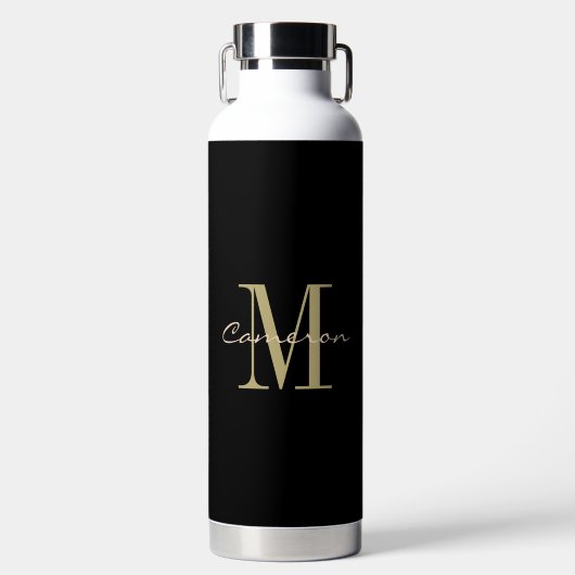 Zwart en Goud Monogram Gepersonaliseerde Gift Waterfles (Voorkant)