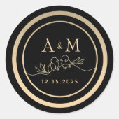 Zwart en Goud Monogram Huwelijksgunst Ronde Sticker (Voorkant)