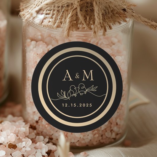 Zwart en Goud Monogram Huwelijksgunst Ronde Sticker