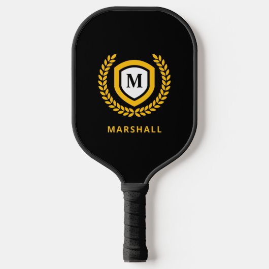 Zwart en Goud Monogram Logo Crest Pickleball Paddle (Voorkant)