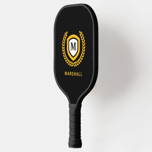 Zwart en Goud Monogram Logo Crest Pickleball Paddle (Links)