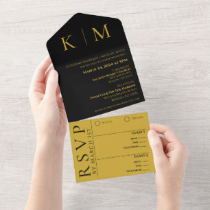 Zwart en Goud-Monogram-Modern Huwelijk- All In One Uitnodiging