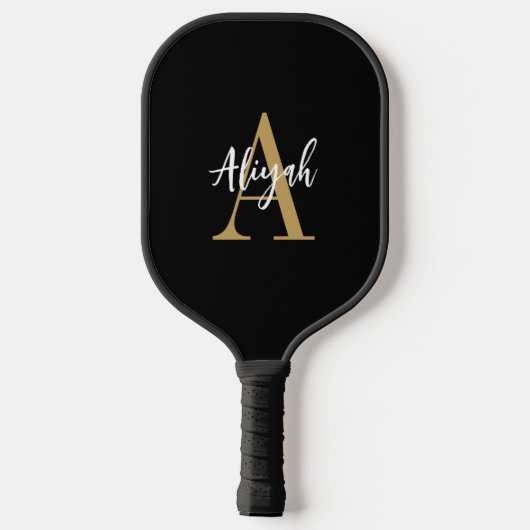 Zwart en Goud Monogram Script Naam Custom Pickleball Paddle (Achterkant)