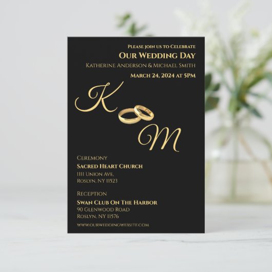 Zwart en Goud-Monogram-Trouwringen- Kaart (Staand voorkant)