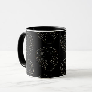 Zwart en Goud Monstera Blad Patroon Koffie Mok