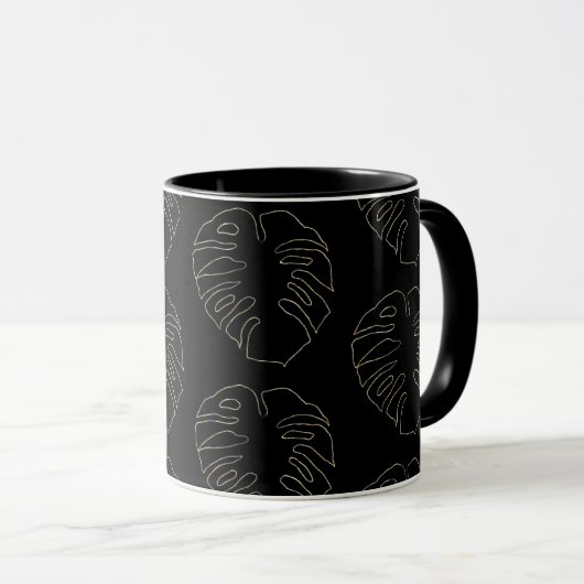Zwart en Goud Monstera Blad Patroon Koffie Mok (Voorkant rechts)