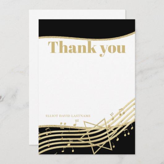 Zwart en Goud Muziekbar Mitswa Bedankt Kaart (Voorkant / Achterkant)