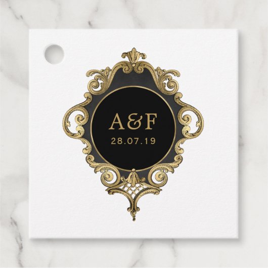 Zwart en goud namaakfolie monogram bedankjes labels (Voorkant)
