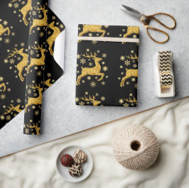 Zwart en goud namaakfolie Rendieren en sneeuwvlokk Cadeaupapier