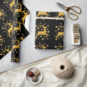 Zwart en goud namaakfolie Rendieren en sneeuwvlokk Cadeaupapier