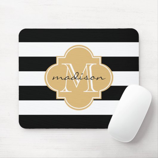 Zwart en Goud Nautische Strepen Custom Monogram Muismat (Met muis)