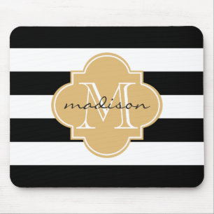 Zwart en Goud Nautische Strepen Custom Monogram Muismat