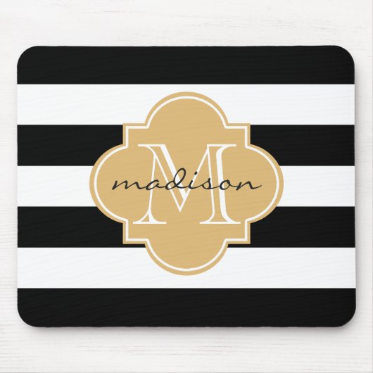 Zwart en Goud Nautische Strepen Custom Monogram Muismat (Voorkant)