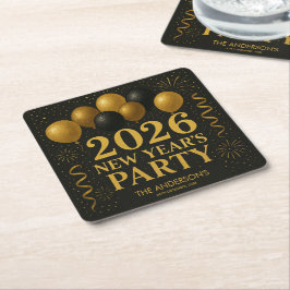Zwart en goud nieuwjaarsfeest 2026 kartonnen onderzetters