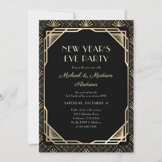 Zwart en goud nieuwjaarsfeest kaart (Voorkant)