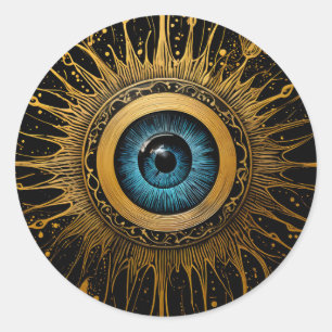 Zwart en Goud Occult Blauw Evil Eye Starburst Ronde Sticker