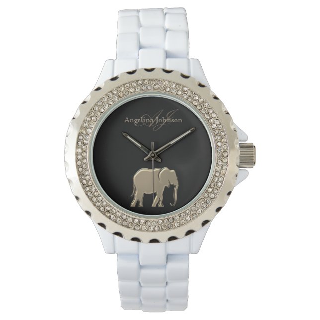 Zwart en Goud Olifant Elegant Luxe Monogram Horloge (Voorkant)