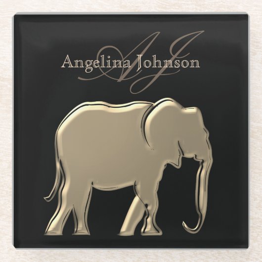 Zwart en Goud Olifant Elegant Monogrammed Glazen Onderzetter (Voorkant)