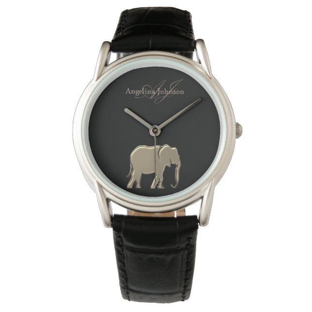 Zwart en Goud Olifant Elegant Monogrammed Horloge (Voorkant)