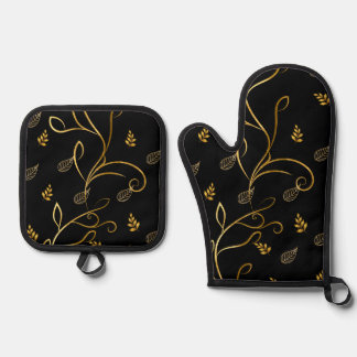Zwart en goud ontwerp potholder en handschoen set