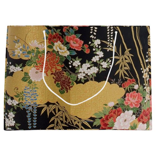 Zwart en Goud Oosters Japans Kimono Floral Groot Cadeauzakje (Voorkant)