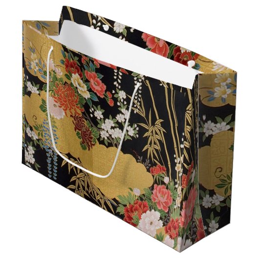 Zwart en Goud Oosters Japans Kimono Floral Groot Cadeauzakje (Voorkant Gekanteld)