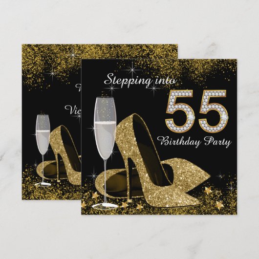 Zwart en goud op 55e verjaardagsfeestje kaart (Voorkant / Achterkant)