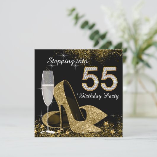 Zwart en goud op 55e verjaardagsfeestje kaart (Staand voorkant)