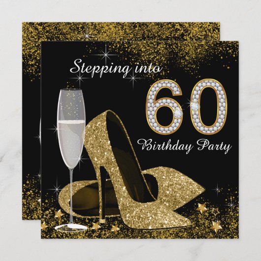 Zwart en goud op 60 verjaardagsfeestje kaart (Voorkant / Achterkant)