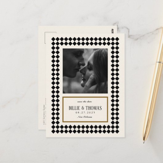 Zwart en Goud op Ivoor Checkerboard Border Jazz Briefkaart (Voorkant / Achterkant in situ)