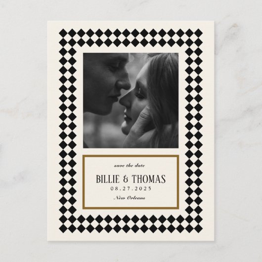 Zwart en Goud op Ivoor Checkerboard Border Jazz Briefkaart (Voorkant)