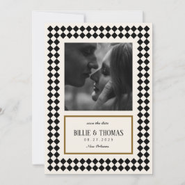 Zwart en Goud op Ivoor Checkerboard Border Jazz Save The Date