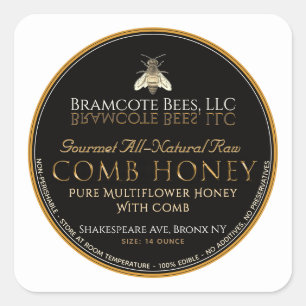 Zwart en goud op White Square Comb Honey Label