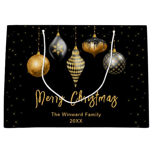 Zwart en Goud Ornamenten Vrolijk kerstfeest Groot Cadeauzakje (Voorkant)