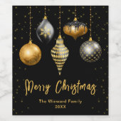 Zwart en Goud Ornamenten Vrolijk kerstfeest Wijn Etiket (Enkel label)