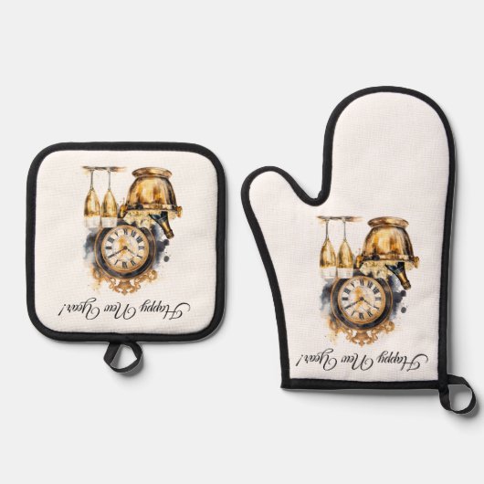 Zwart en Goud Oud en Nieuw Ovenwant & Pannenlap Set (Voorkant)