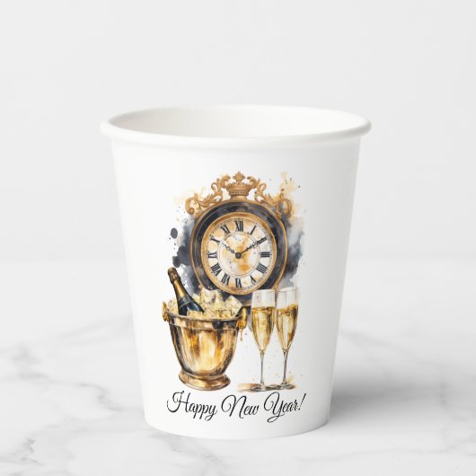 Zwart en Goud Oud en Nieuw Papieren Bekers (Voorkant)