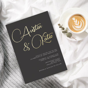 Zwart en goud oversized script typografie bruiloft folie uitnodiging