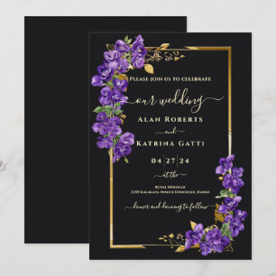 Zwart en Goud Paarse Viooltjes Elegante Trouw Kaart
