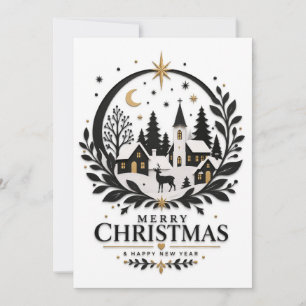 Zwart en Goud Papier Gesneden Dorp Feestdagenkaart