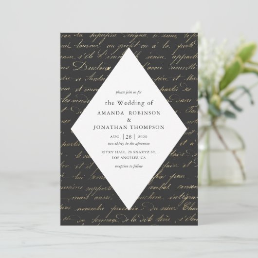 Zwart en Goud Parijs thema kalligrafie bruiloft Kaart (Staand voorkant)