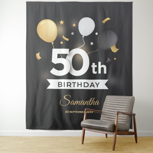 Zwart en Goud Partij Tapestry Achtergrond Banner Wandkleed (In situ)