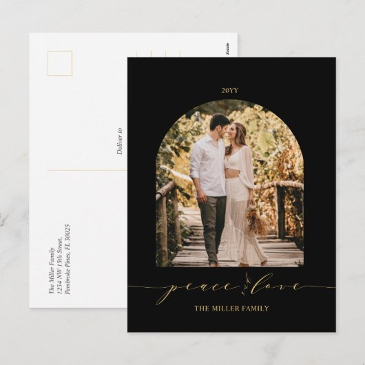 Zwart en goud | Peace and Love kerstfoto Holi Feestdagenkaart (Voorkant / Achterkant)