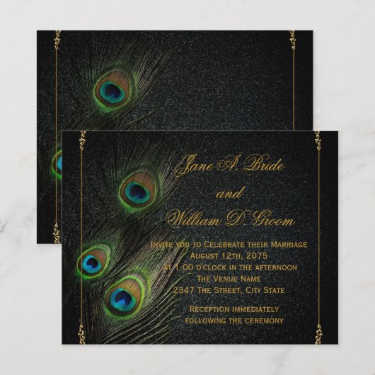 Zwart en Goud Peacock Bruiloft Kaart (Voorkant / Achterkant)