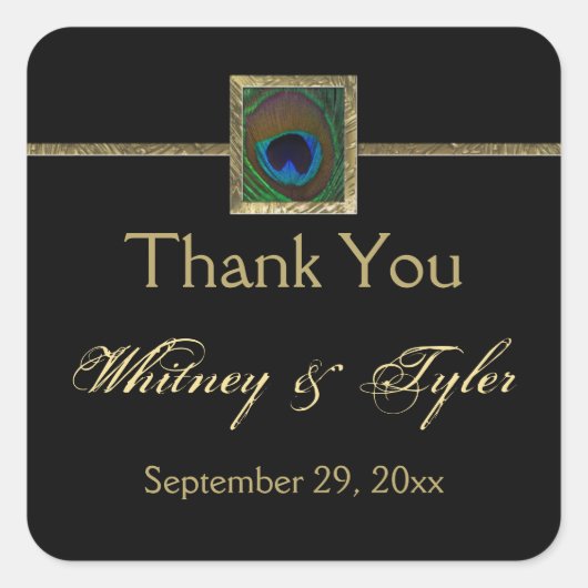 Zwart en Goud Peacock Feather Bruiloft Sticker (Voorkant)