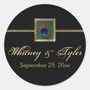 Zwart en Goud Peacock Feather Bruiloft Sticker